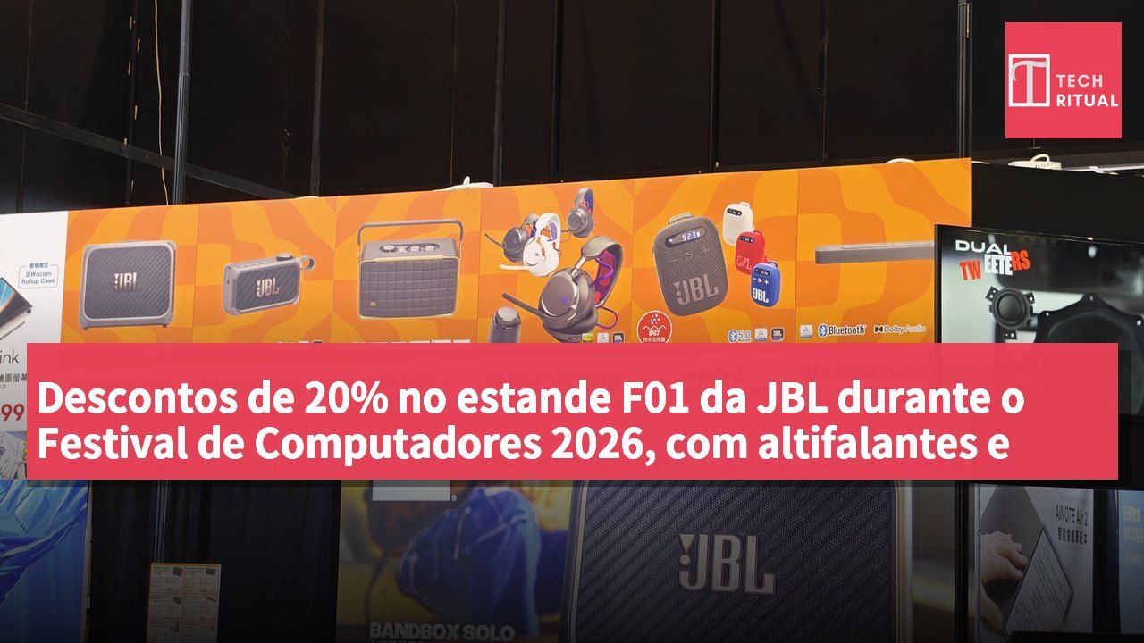 Descontos de 20% no estande F01 da JBL durante o Festival de Computadores 2026, com altifalantes e auscultadores a partir de HK$479.