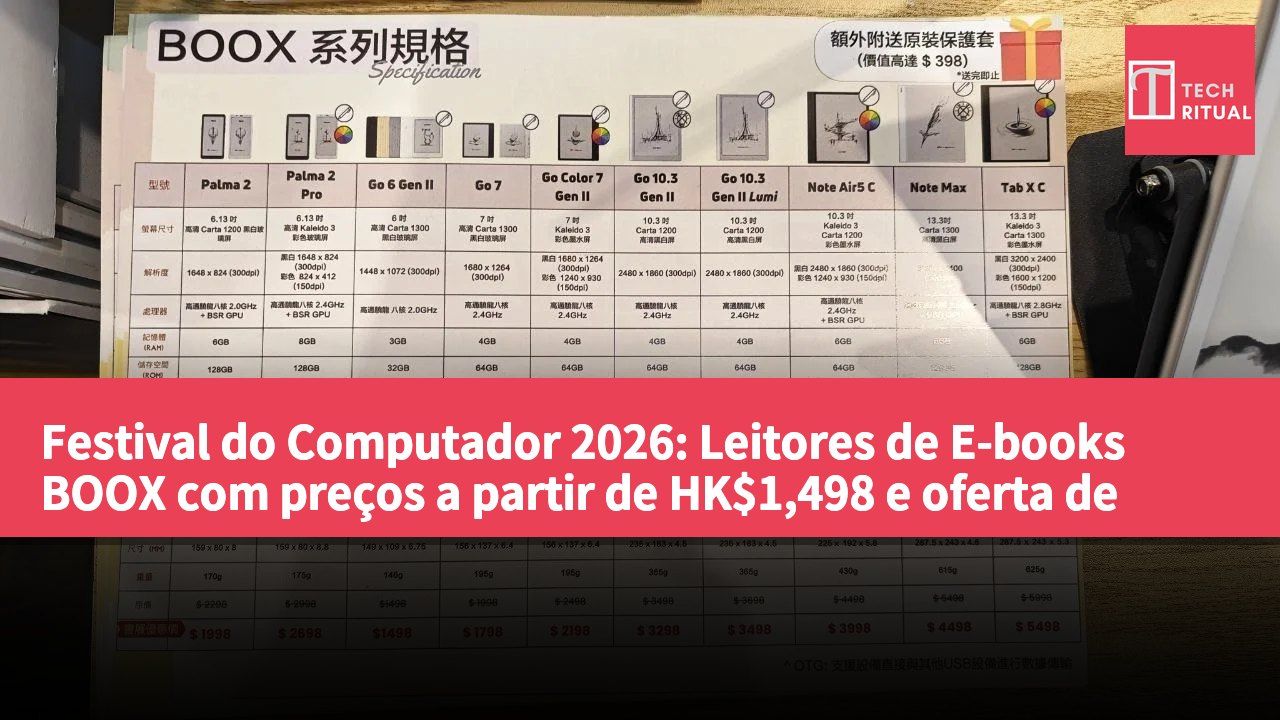 Festival do Computador 2026: Leitores de E-books BOOX com preços a partir de HK$1,498 e oferta de capa original no valor de HK$398