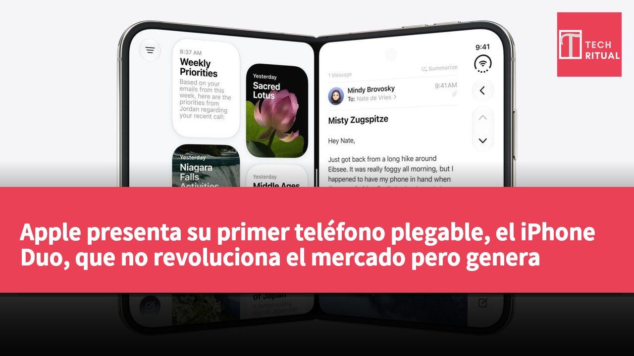 Apple presenta su primer teléfono plegable, el iPhone Duo, que no revoluciona el mercado pero genera interés.