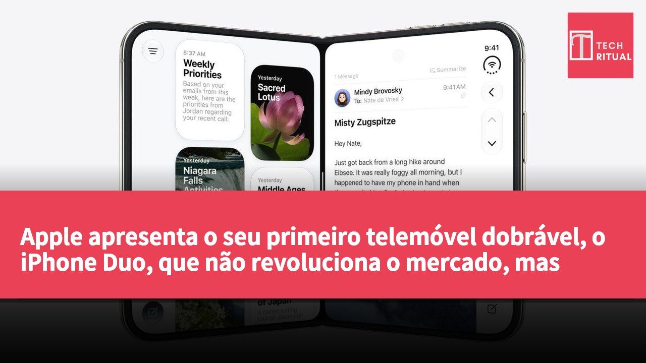 Apple apresenta o seu primeiro telemóvel dobrável, o iPhone Duo, que não revoluciona o mercado, mas gera interesse.