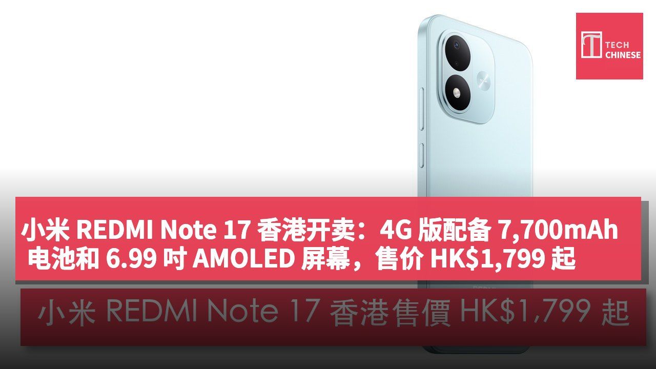 小米 REDMI Note 17 香港开卖:4G 版配备 7,700mAh 电池和 6.99 吋 AMOLED 屏幕,售价 HK$1,799 起