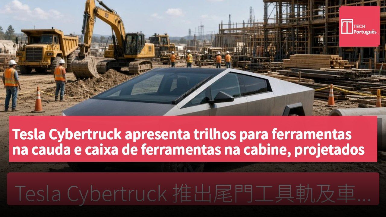 Tesla Cybertruck apresenta trilhos para ferramentas na cauda e caixa de ferramentas na cabine, projetados para uso profissional.